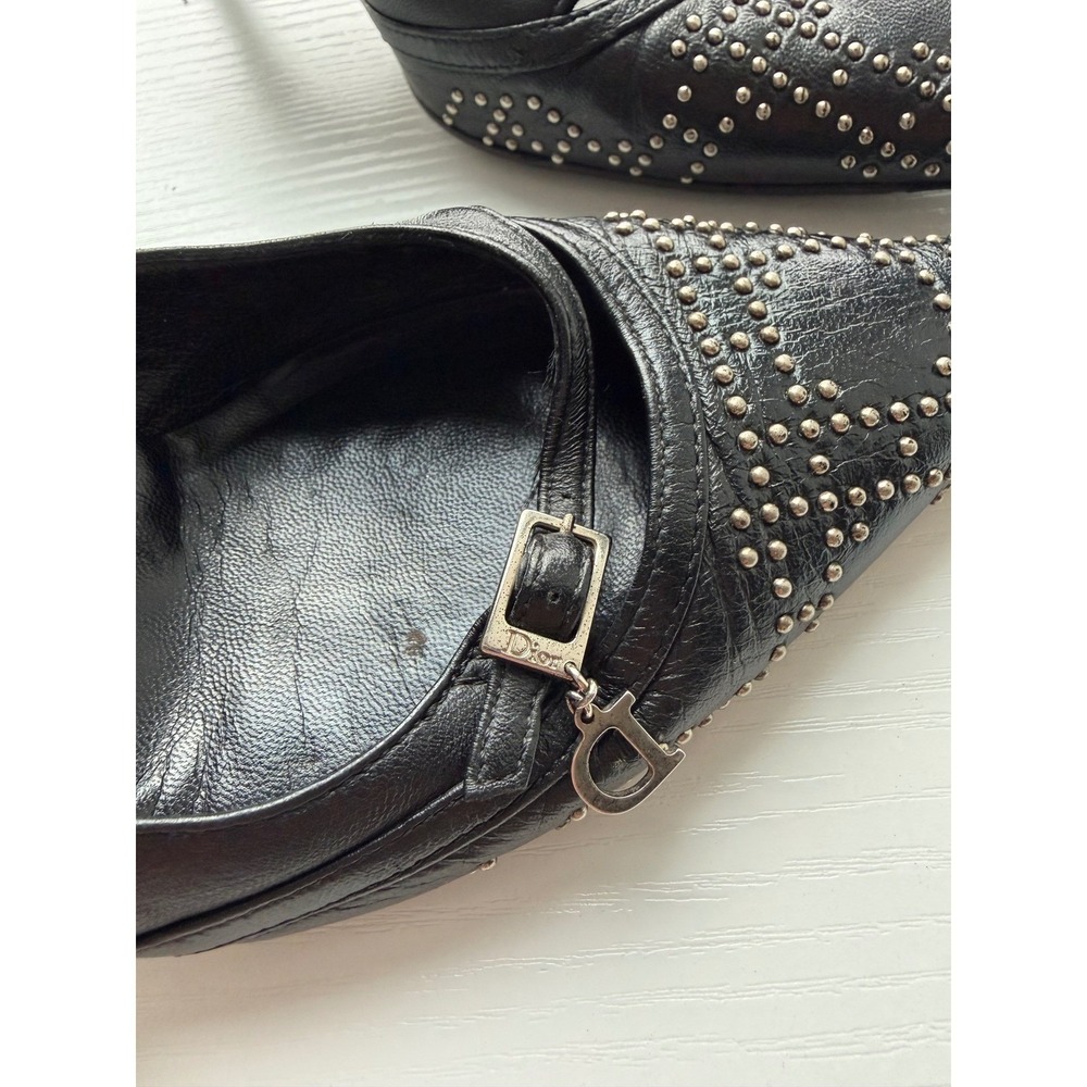 Christian Dior Black Leather Studded Pointed Toe Pumps Charm Heels Size 38 - Picture 14 of 16